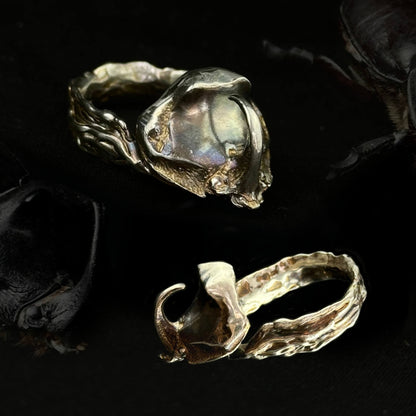 A close-up of the Rhinoceros Beetle Ring in silver, featuring an intricately detailed beetle head design with textured, organic elements on the band. The ring is displayed on a black background alongside real beetles, emphasizing its natural inspiration.
